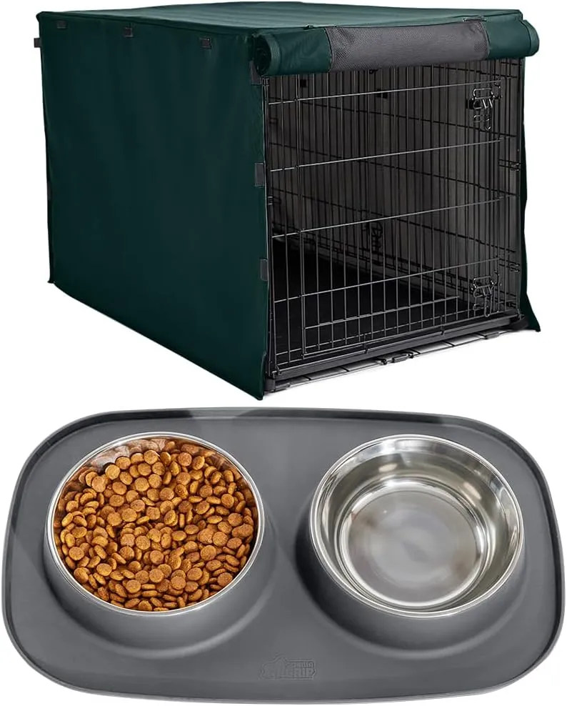 Gorilla Grip Dog Crate Cover, Hunter Green 30 Inch and Silicone Feeding Mat Set, 2 Cup Gray, 2 Item Bundle