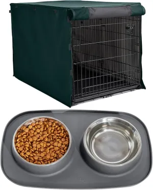 Gorilla Grip Dog Crate Cover, Hunter Green 30 Inch and Silicone Feeding Mat Set, 2 Cup Gray, 2 Item Bundle