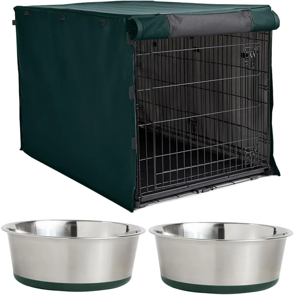 Gorilla Grip Dog Crate Cover, Hunter Green 48 Inch and Stainless Steel Dog Bowl Set of 2, 2 Cup Hunter Green, 2 Item Bundle