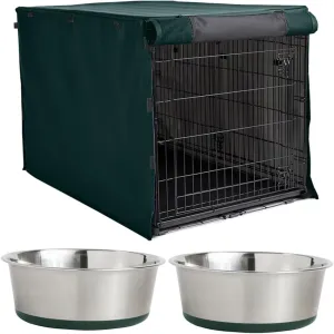Gorilla Grip Dog Crate Cover, Hunter Green 48 Inch and Stainless Steel Dog Bowl Set of 2, 2 Cup Hunter Green, 2 Item Bundle