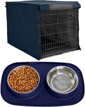 Gorilla Grip Dog Crate Cover, Navy Blue 48 Inch and Silicone Feeding Mat Set, 2 Cup Navy Blue, 2 Item Bundle