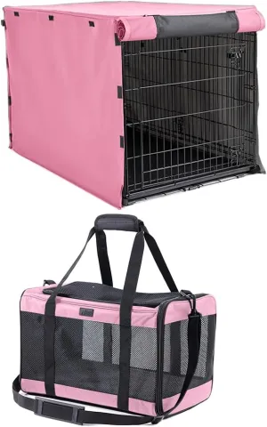 Gorilla Grip Heavy Duty Light Reducing Dog Crate Covers and Airline Travel Cat Carrier Bag, Crate Size 42 in, All Sides Open, Bag Up to 15 Lbs, Portable Kennel, Both Color Pink, 2 Item Bundle
