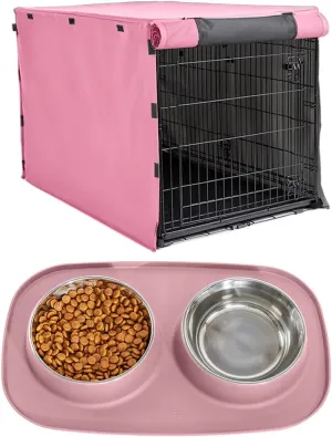 Gorilla Grip Heavy Duty Light Reducing Dog Crate Covers and Cat and Dog Bowls Silicone Feeding Mat Set, Crate Size 42 in, All Sides Open, Bowl 1 Cup, Waterproof, Both Color Pink, 2 Item Bundle