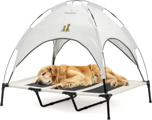 GRANDTIES Cooling Elevated Dog Bed with Canopy  XL Portable Pet Cot for Outdoor & Indoor Use  Waterproof Removable Shade, Breathable Mesh, Slip-Resistant Feet, Easy Assembly  Ivory White