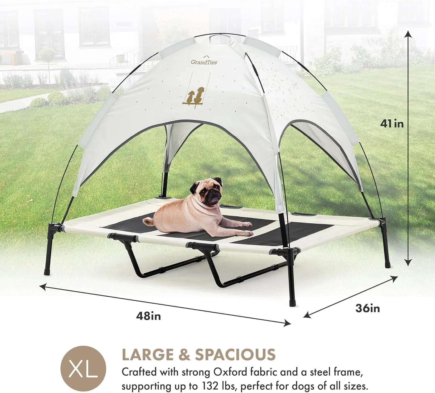 GRANDTIES Cooling Elevated Dog Bed with Canopy  XL Portable Pet Cot for Outdoor & Indoor Use  Waterproof Removable Shade, Breathable Mesh, Slip-Resistant Feet, Easy Assembly  Ivory White