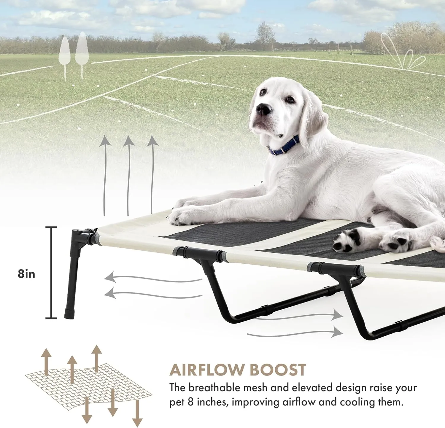 GRANDTIES Cooling Elevated Dog Bed with Canopy  XL Portable Pet Cot for Outdoor & Indoor Use  Waterproof Removable Shade, Breathable Mesh, Slip-Resistant Feet, Easy Assembly  Ivory White