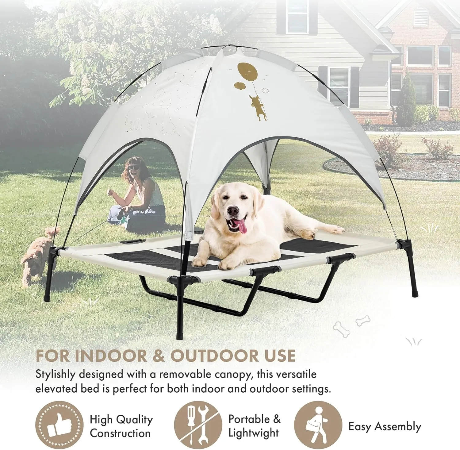 GRANDTIES Cooling Elevated Dog Bed with Canopy  XL Portable Pet Cot for Outdoor & Indoor Use  Waterproof Removable Shade, Breathable Mesh, Slip-Resistant Feet, Easy Assembly  Ivory White