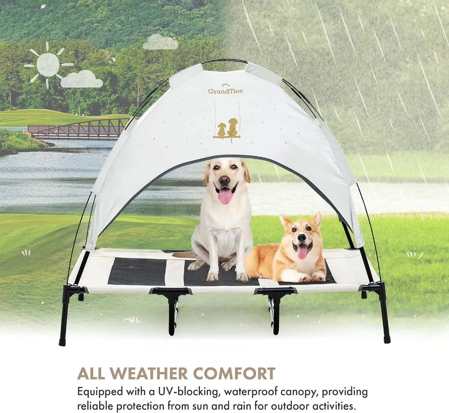 GRANDTIES Cooling Elevated Dog Bed with Canopy  XL Portable Pet Cot for Outdoor & Indoor Use  Waterproof Removable Shade, Breathable Mesh, Slip-Resistant Feet, Easy Assembly  Ivory White