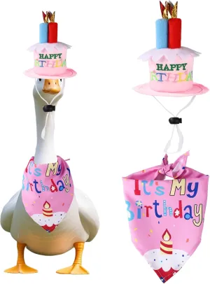 Happy Birthday Goose Outfit, Cute Birthday Cake Hat and Triangular Bandana Set for 23"/ 17'' Porch Goose Costume Clothes for Outdoor Yard Garden Lawn Statues Art Decoration (Pink)