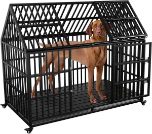 Heavy Duty Dog Crate for Large Giant Dogs, Metal Pet Cage Dog Kennel with Roof Strong Playpen, 54'' Dog Cage with Sturdy Latches and 4 Lockable Wheels