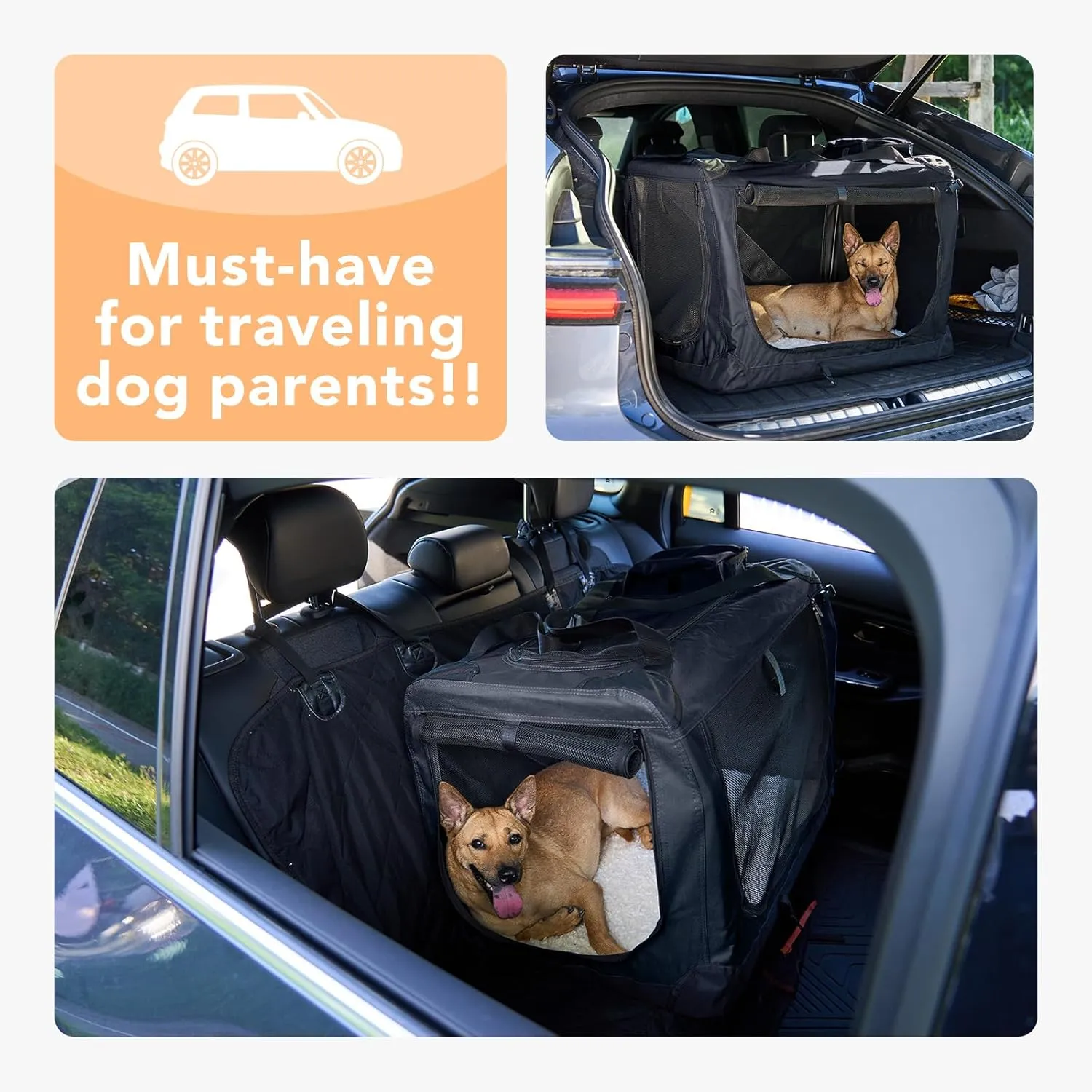 HICC PULE 28 Inch Dog Crate Ideal as Travel Dog Crate for Medium/Small Dogs, 3-Door Soft-Sided Pet Kennel for Indoor & Outdoor, Car Trip, Collapsible Portable Dog Crate, Black