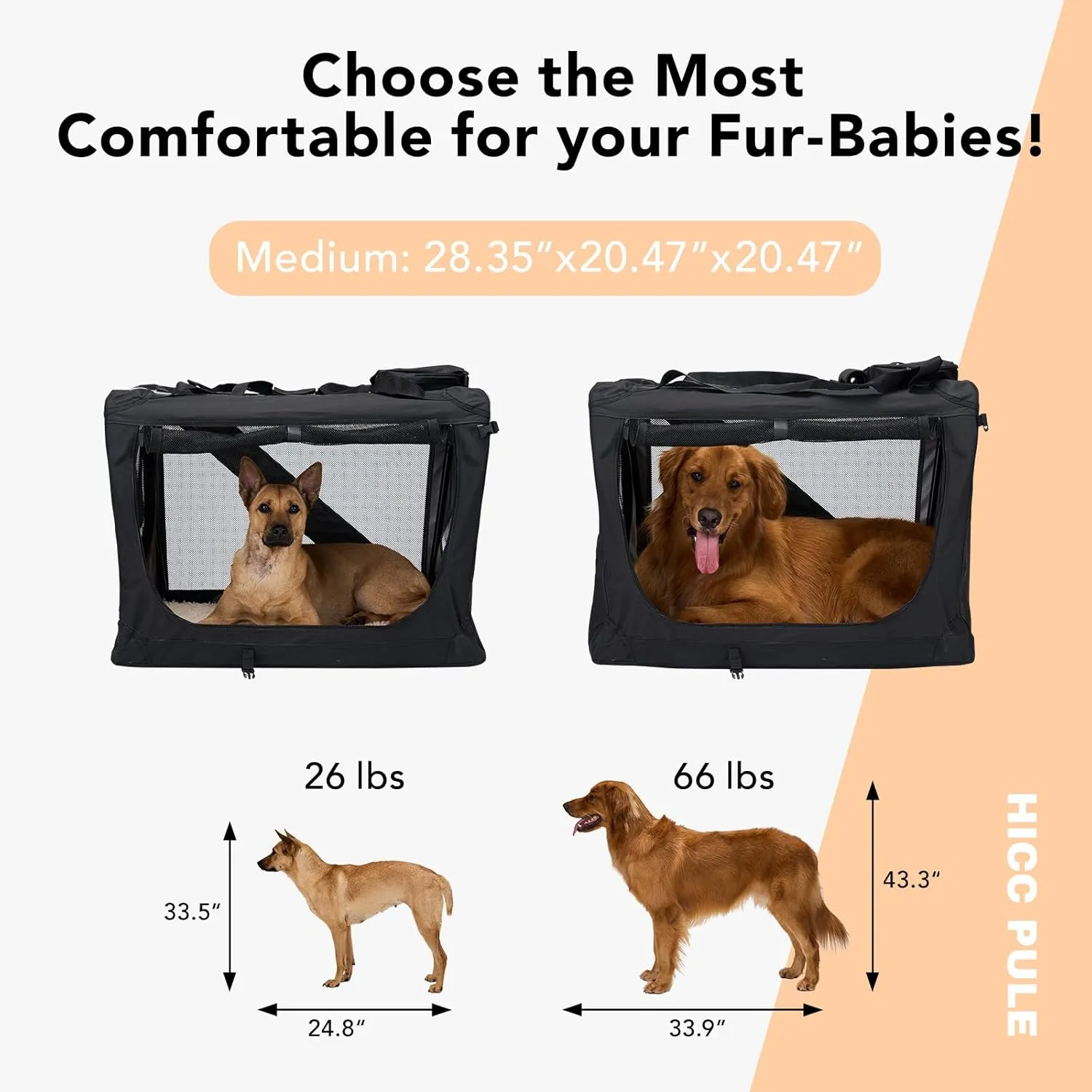 HICC PULE 28 Inch Dog Crate Ideal as Travel Dog Crate for Medium/Small Dogs, 3-Door Soft-Sided Pet Kennel for Indoor & Outdoor, Car Trip, Collapsible Portable Dog Crate, Black