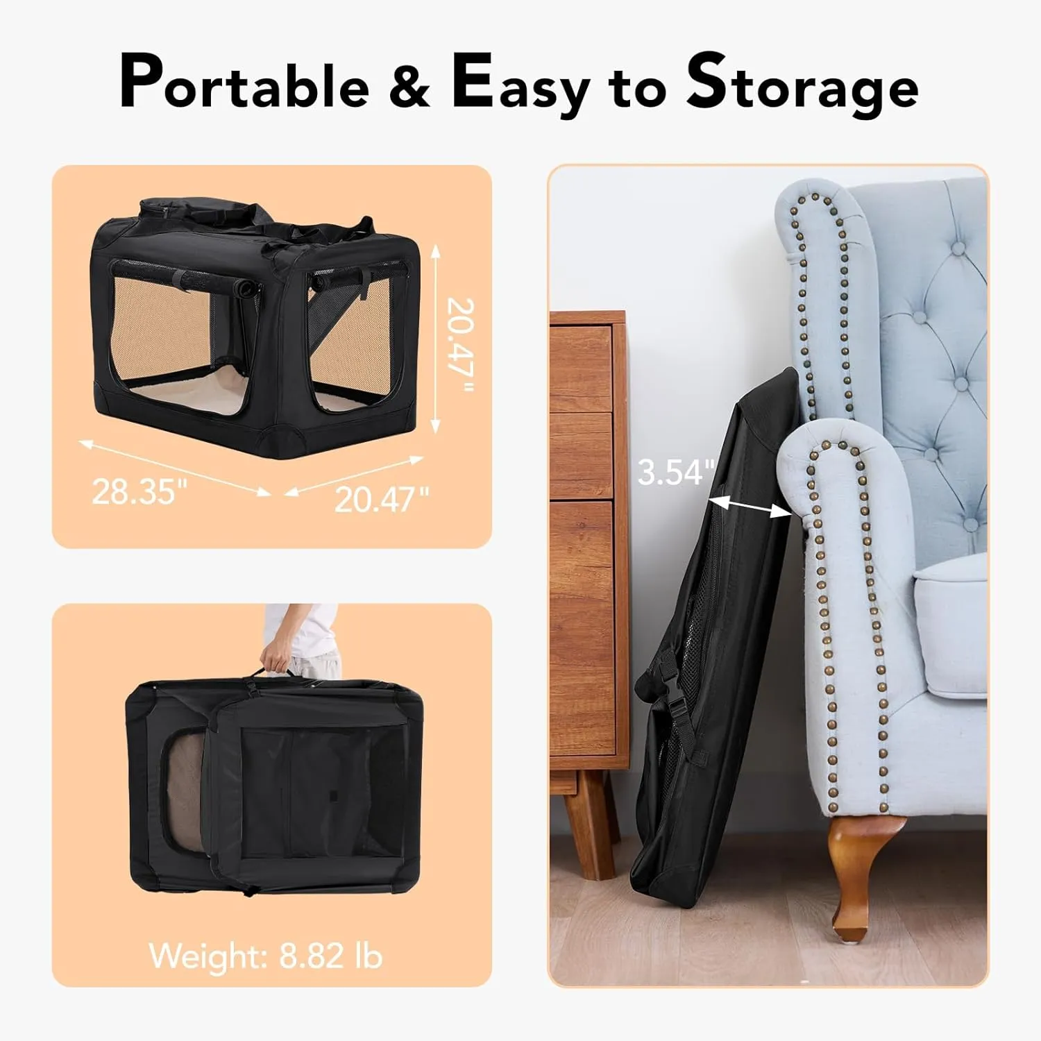HICC PULE 28 Inch Dog Crate Ideal as Travel Dog Crate for Medium/Small Dogs, 3-Door Soft-Sided Pet Kennel for Indoor & Outdoor, Car Trip, Collapsible Portable Dog Crate, Black