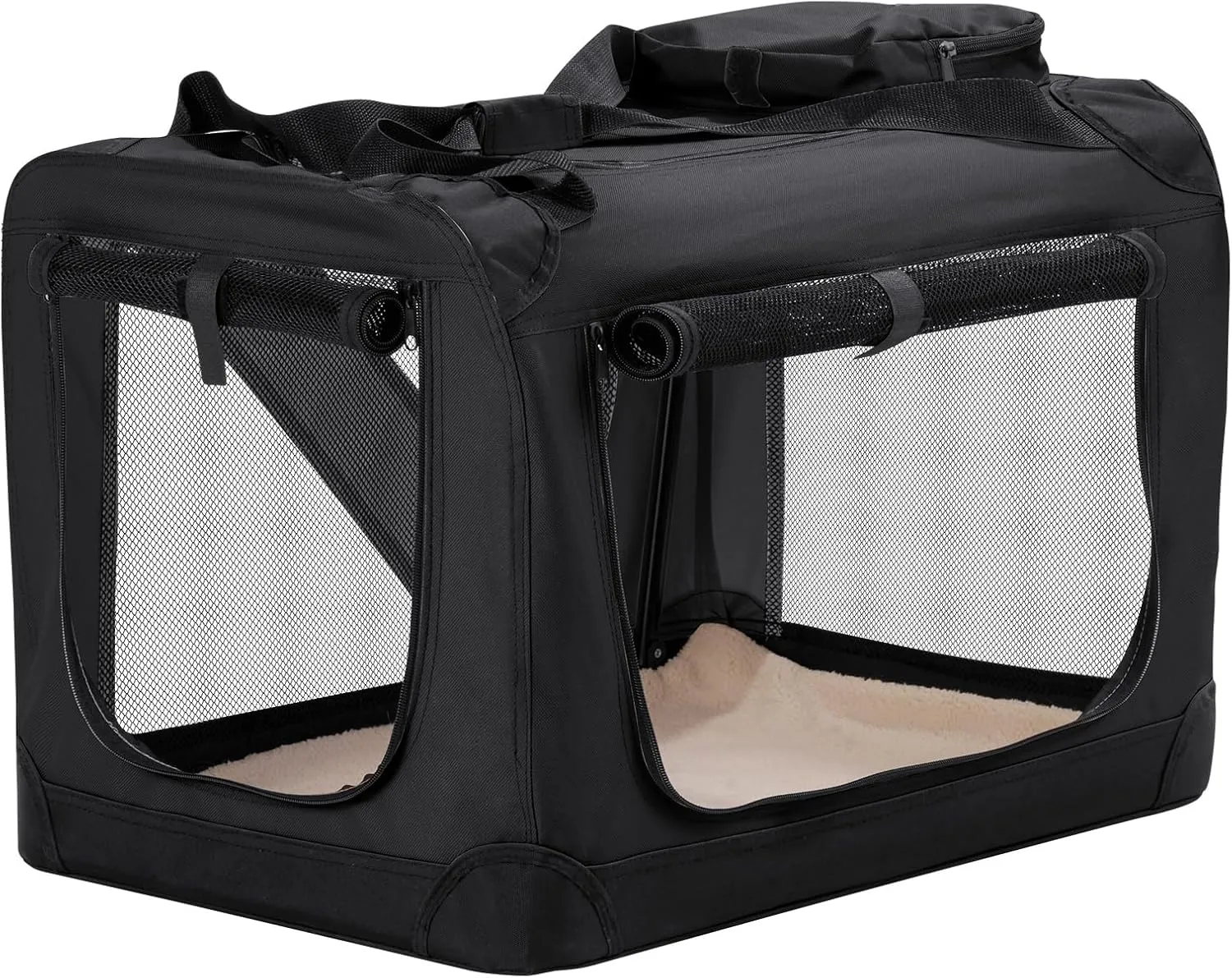 HICC PULE 28 Inch Dog Crate Ideal as Travel Dog Crate for Medium/Small Dogs, 3-Door Soft-Sided Pet Kennel for Indoor & Outdoor, Car Trip, Collapsible Portable Dog Crate, Black
