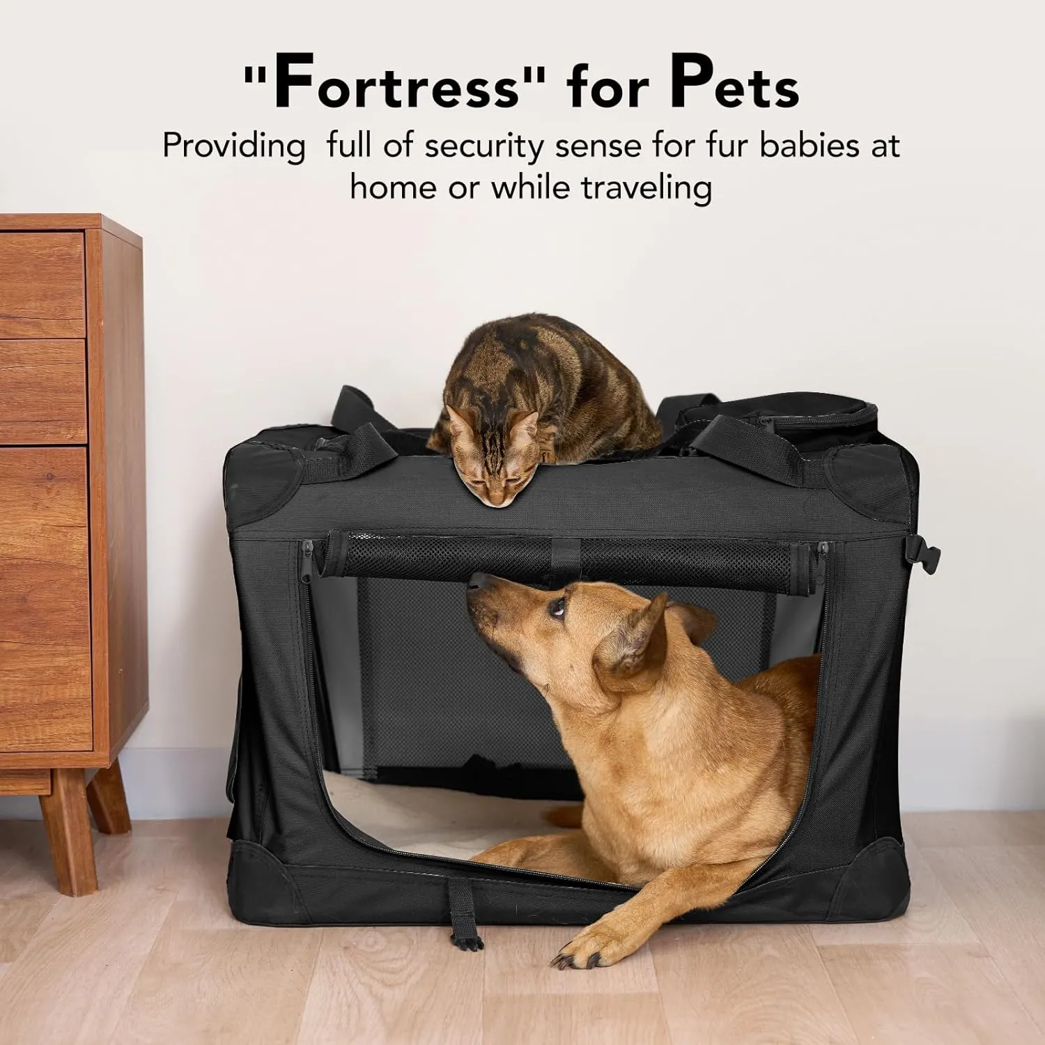 HICC PULE 28 Inch Dog Crate Ideal as Travel Dog Crate for Medium/Small Dogs, 3-Door Soft-Sided Pet Kennel for Indoor & Outdoor, Car Trip, Collapsible Portable Dog Crate, Black