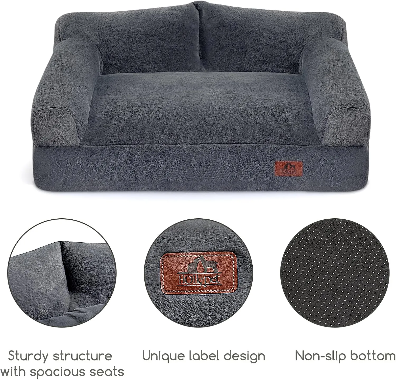 Hollypet Fluffy Plush Dog Cat Pet Couch Soft Calming Sofa Bed for Medium Small Cats and Dogs, Gray, M