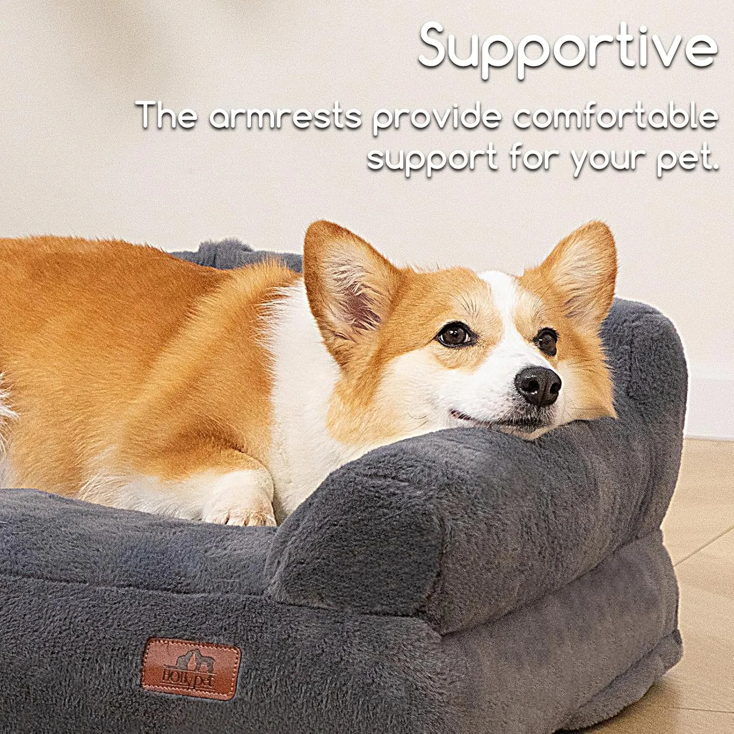 Hollypet Fluffy Plush Dog Cat Pet Couch Soft Calming Sofa Bed for Medium Small Cats and Dogs, Gray, M