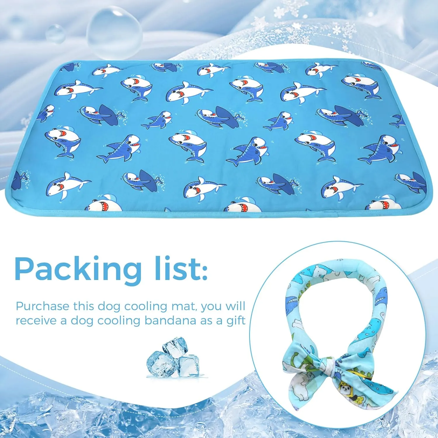 Hotumn Cat Cooling Mat with Free Bandana,Summer Cooling Pad for Puppy & Cats, Machine Washable for Indoor Use on Beds, Sofas, and in Cars (Blue Shark, Small)
