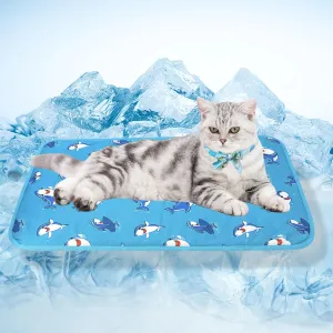 Hotumn Cat Cooling Mat with Free Bandana,Summer Cooling Pad for Puppy & Cats, Machine Washable for Indoor Use on Beds, Sofas, and in Cars (Blue Shark, Small)
