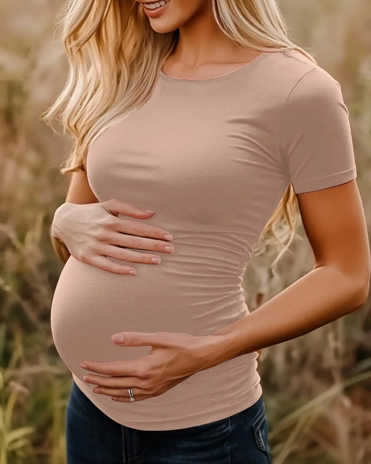Huukeay 4 Pack Women's Maternity Shirts, Crew Neck Maternity Top Short Sleeve Casual Cotton Tee Side Ruched Pregnancy Clothes