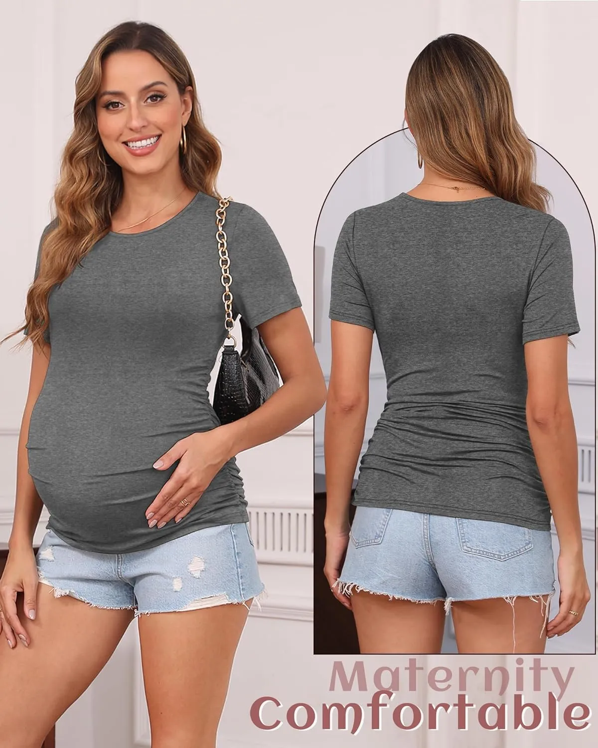 Huukeay 4 Pack Women's Maternity Shirts, Crew Neck Maternity Top Short Sleeve Casual Cotton Tee Side Ruched Pregnancy Clothes