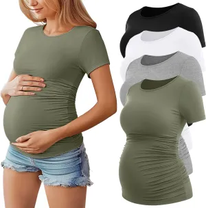 Huukeay 4 Pack Women's Maternity Shirts, Crew Neck Maternity Top Short Sleeve Casual Cotton Tee Side Ruched Pregnancy Clothes
