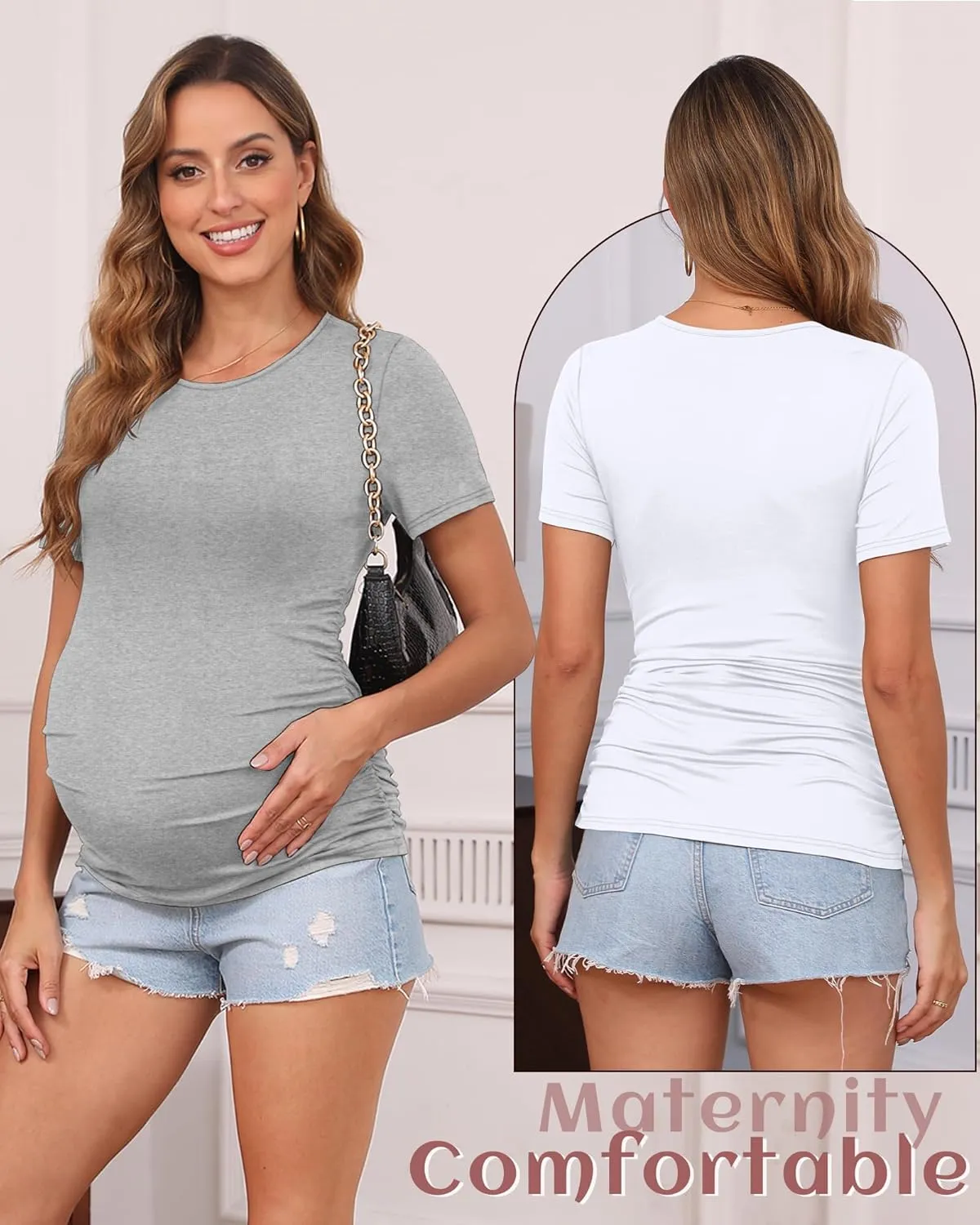 Huukeay 4 Pack Women's Maternity Shirts, Crew Neck Maternity Top Short Sleeve Casual Cotton Tee Side Ruched Pregnancy Clothes