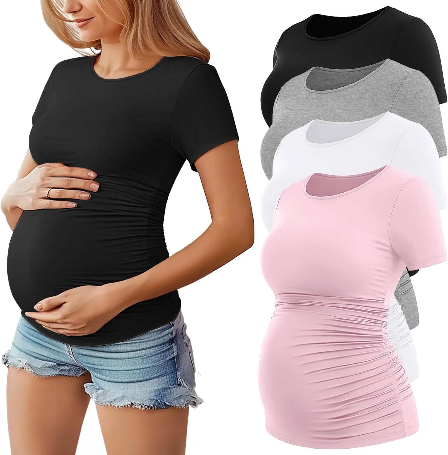 Huukeay 4 Pack Women's Maternity Shirts, Crew Neck Maternity Top Short Sleeve Casual Cotton Tee Side Ruched Pregnancy Clothes