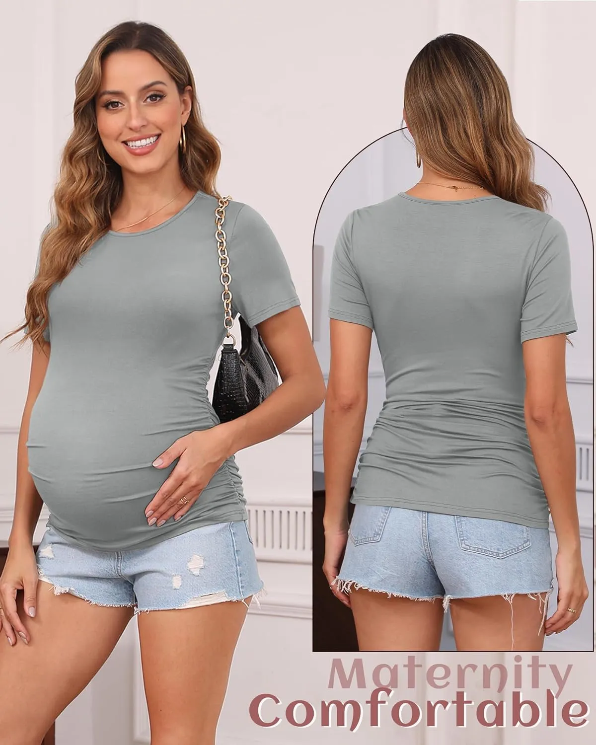 Huukeay 4 Pack Women's Maternity Shirts, Crew Neck Maternity Top Short Sleeve Casual Cotton Tee Side Ruched Pregnancy Clothes