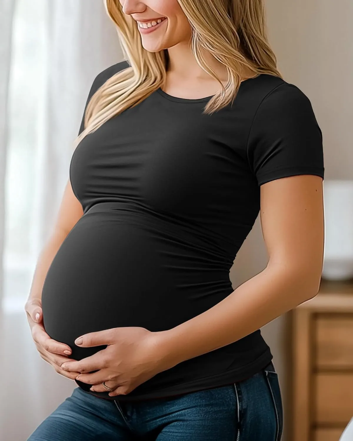 Huukeay 4 Pack Women's Maternity Shirts, Crew Neck Maternity Top Short Sleeve Casual Cotton Tee Side Ruched Pregnancy Clothes