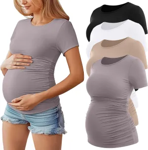Huukeay 4 Pack Women's Maternity Shirts, Crew Neck Maternity Top Short Sleeve Casual Cotton Tee Side Ruched Pregnancy Clothes