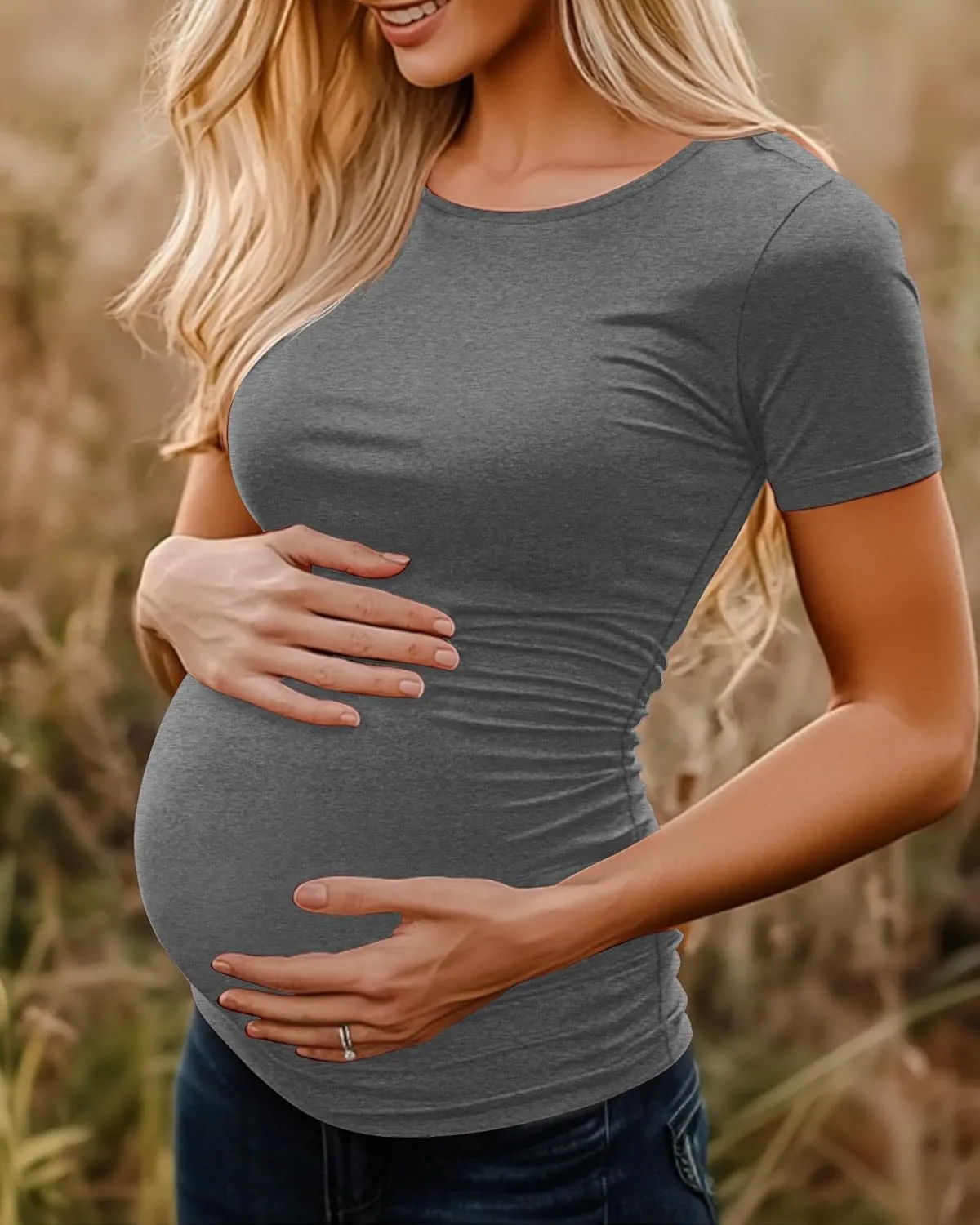 Huukeay 4 Pack Women's Maternity Shirts, Crew Neck Maternity Top Short Sleeve Casual Cotton Tee Side Ruched Pregnancy Clothes