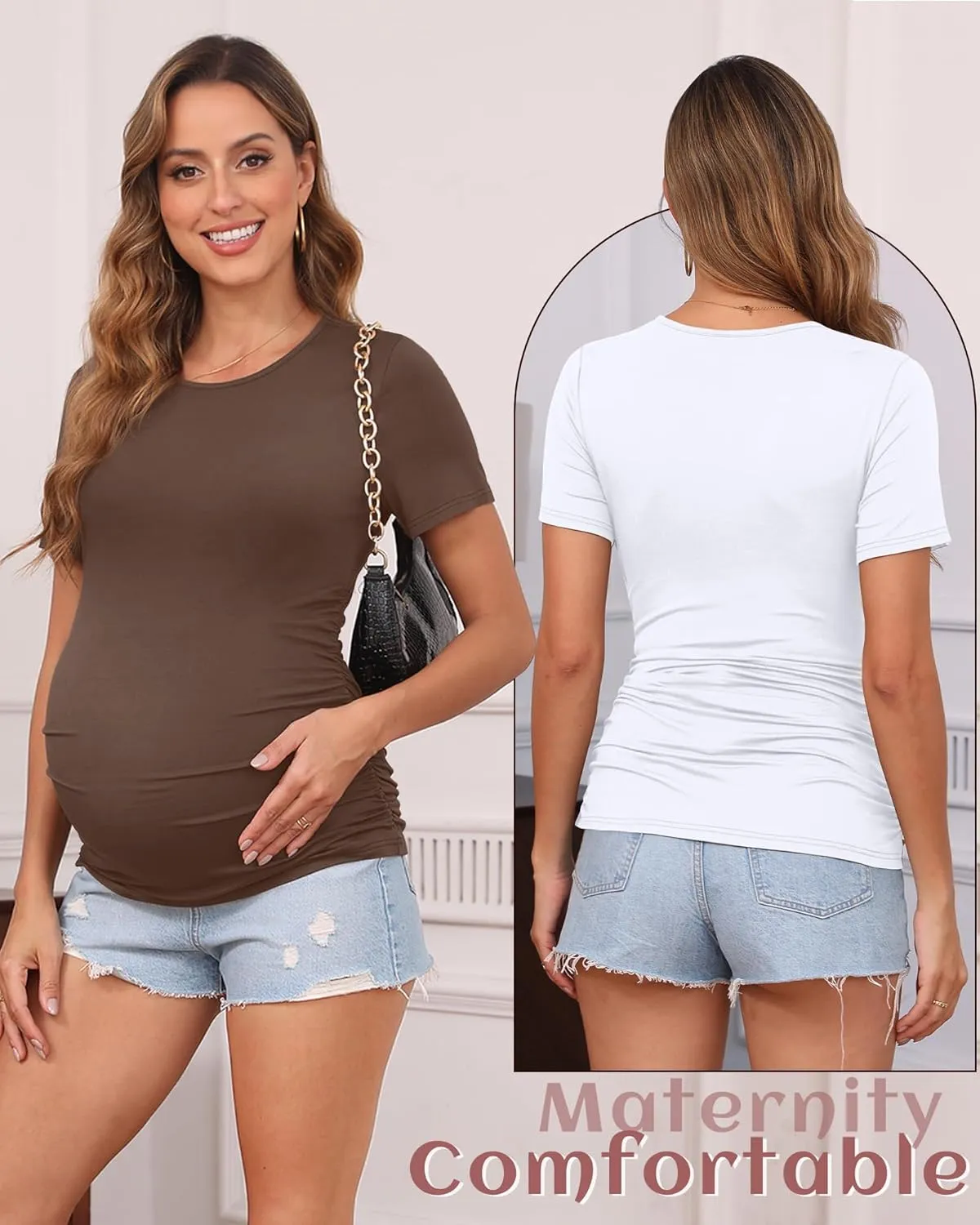 Huukeay 4 Pack Women's Maternity Shirts, Crew Neck Maternity Top Short Sleeve Casual Cotton Tee Side Ruched Pregnancy Clothes