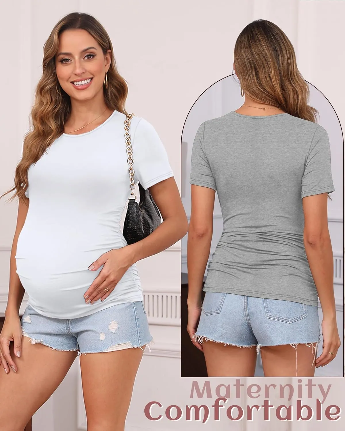 Huukeay 4 Pack Women's Maternity Shirts, Crew Neck Maternity Top Short Sleeve Casual Cotton Tee Side Ruched Pregnancy Clothes