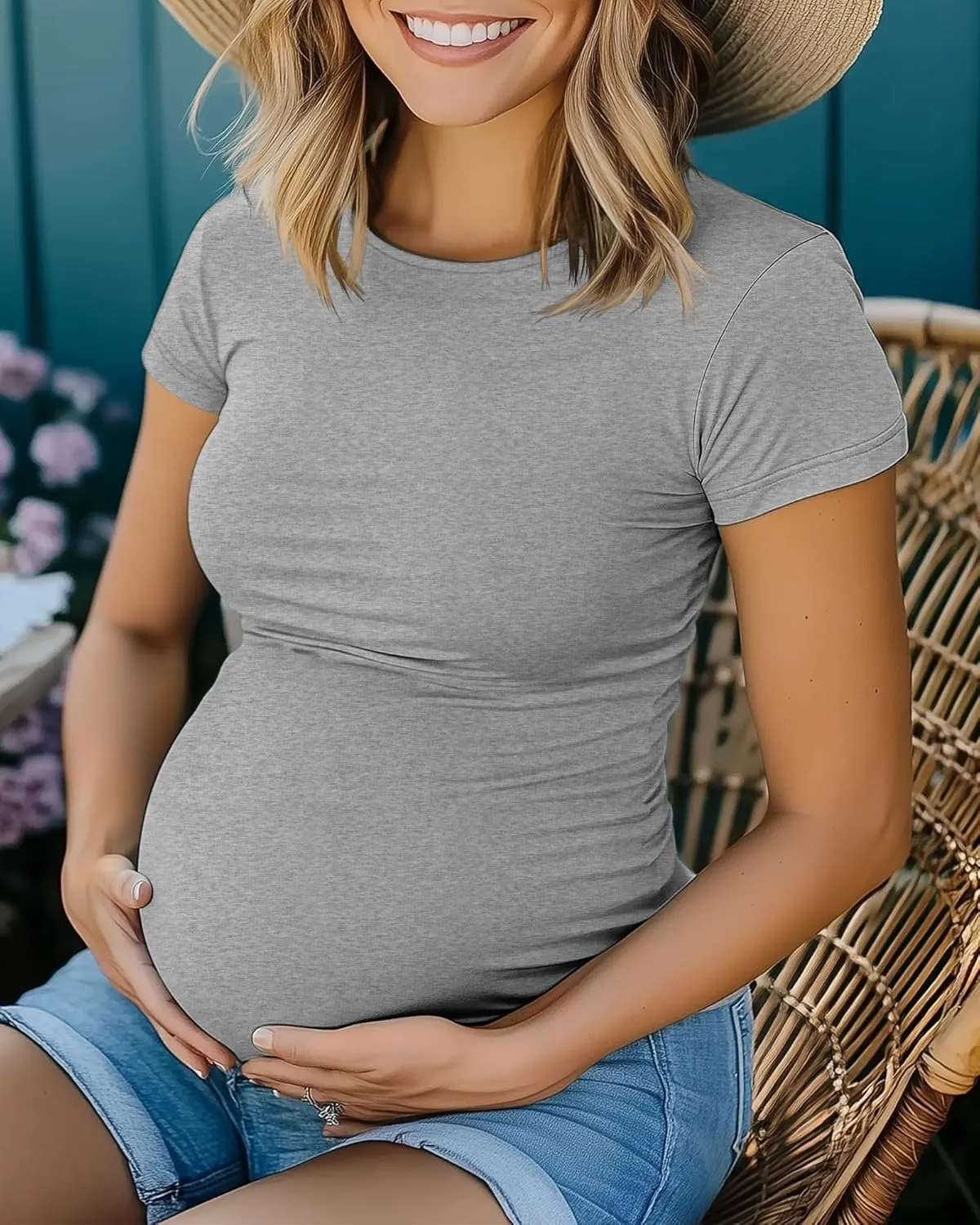 Huukeay 4 Pack Women's Maternity Shirts, Crew Neck Maternity Top Short Sleeve Casual Cotton Tee Side Ruched Pregnancy Clothes