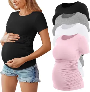 Huukeay 4 Pack Women's Maternity Shirts, Crew Neck Maternity Top Short Sleeve Casual Cotton Tee Side Ruched Pregnancy Clothes