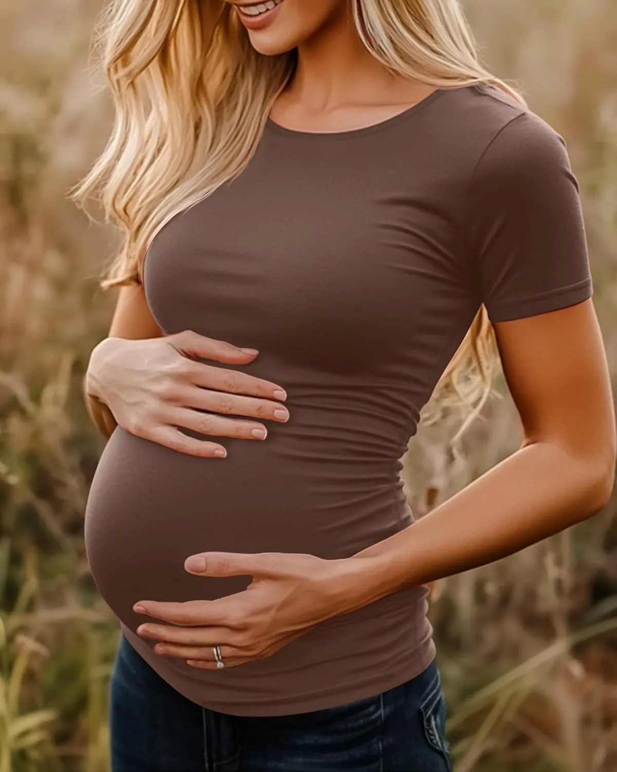 Huukeay 4 Pack Women's Maternity Shirts, Crew Neck Maternity Top Short Sleeve Casual Cotton Tee Side Ruched Pregnancy Clothes