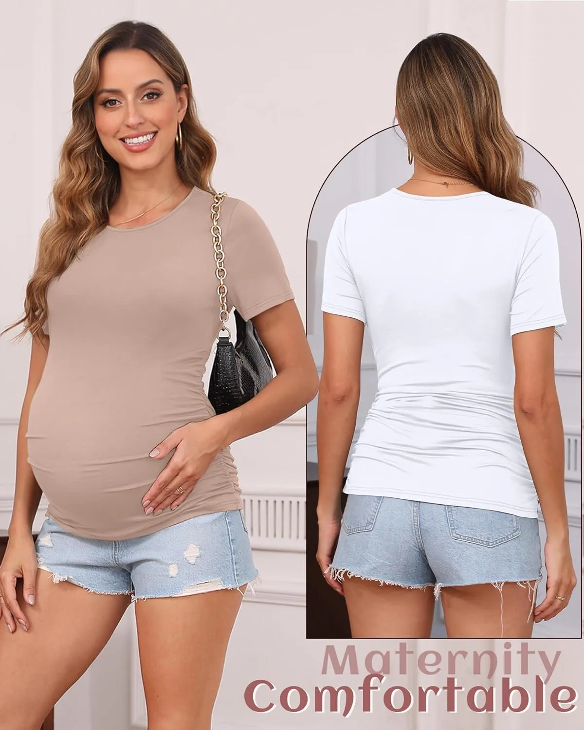 Huukeay 4 Pack Women's Maternity Shirts, Crew Neck Maternity Top Short Sleeve Casual Cotton Tee Side Ruched Pregnancy Clothes