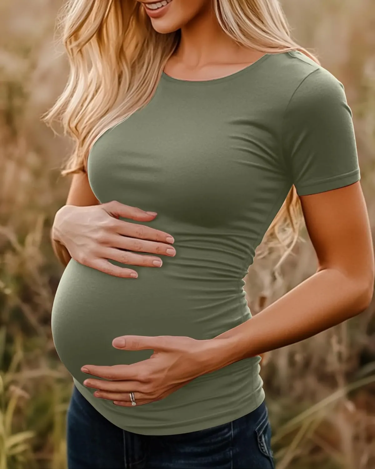 Huukeay 4 Pack Women's Maternity Shirts, Crew Neck Maternity Top Short Sleeve Casual Cotton Tee Side Ruched Pregnancy Clothes