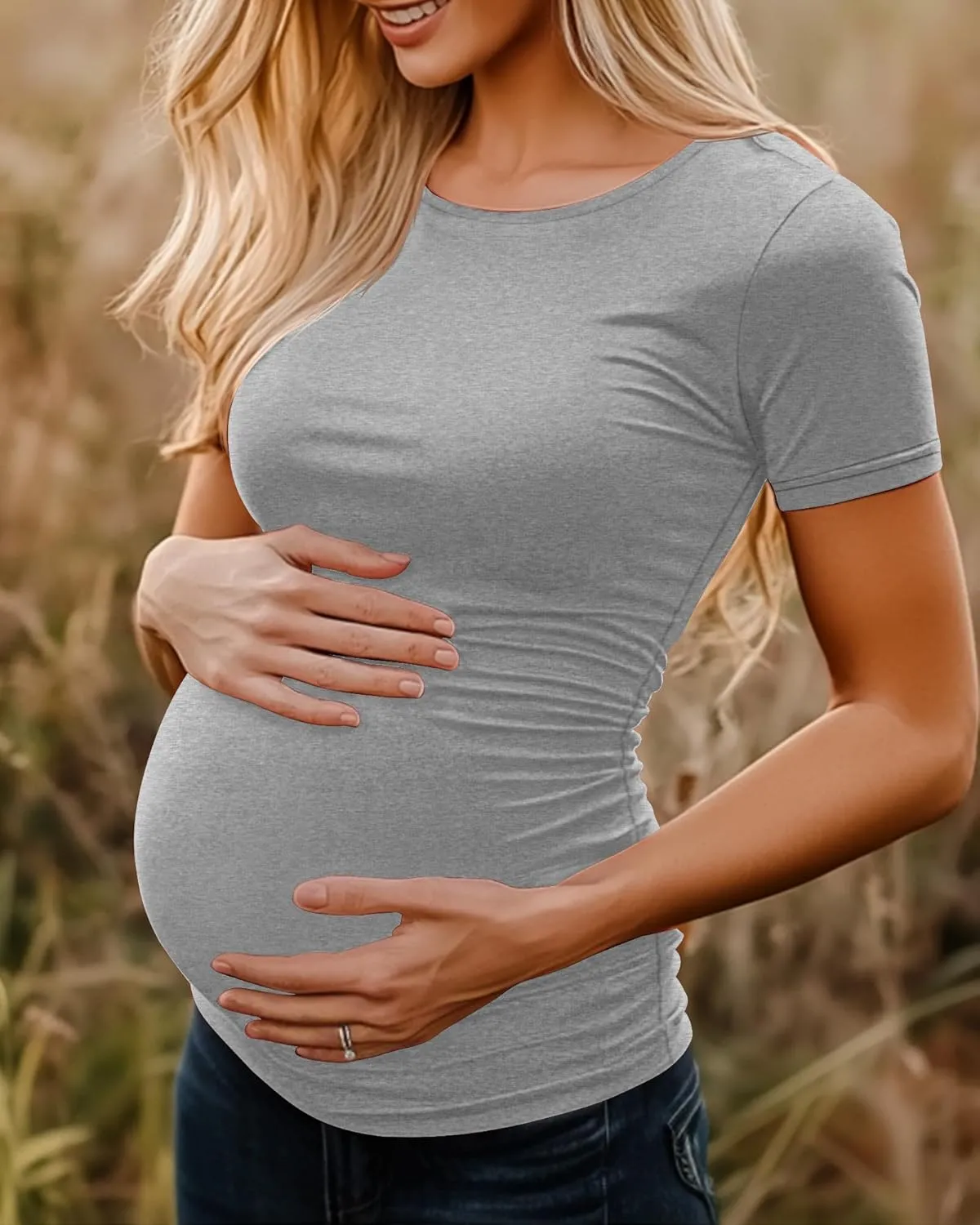 Huukeay 4 Pack Women's Maternity Shirts, Crew Neck Maternity Top Short Sleeve Casual Cotton Tee Side Ruched Pregnancy Clothes