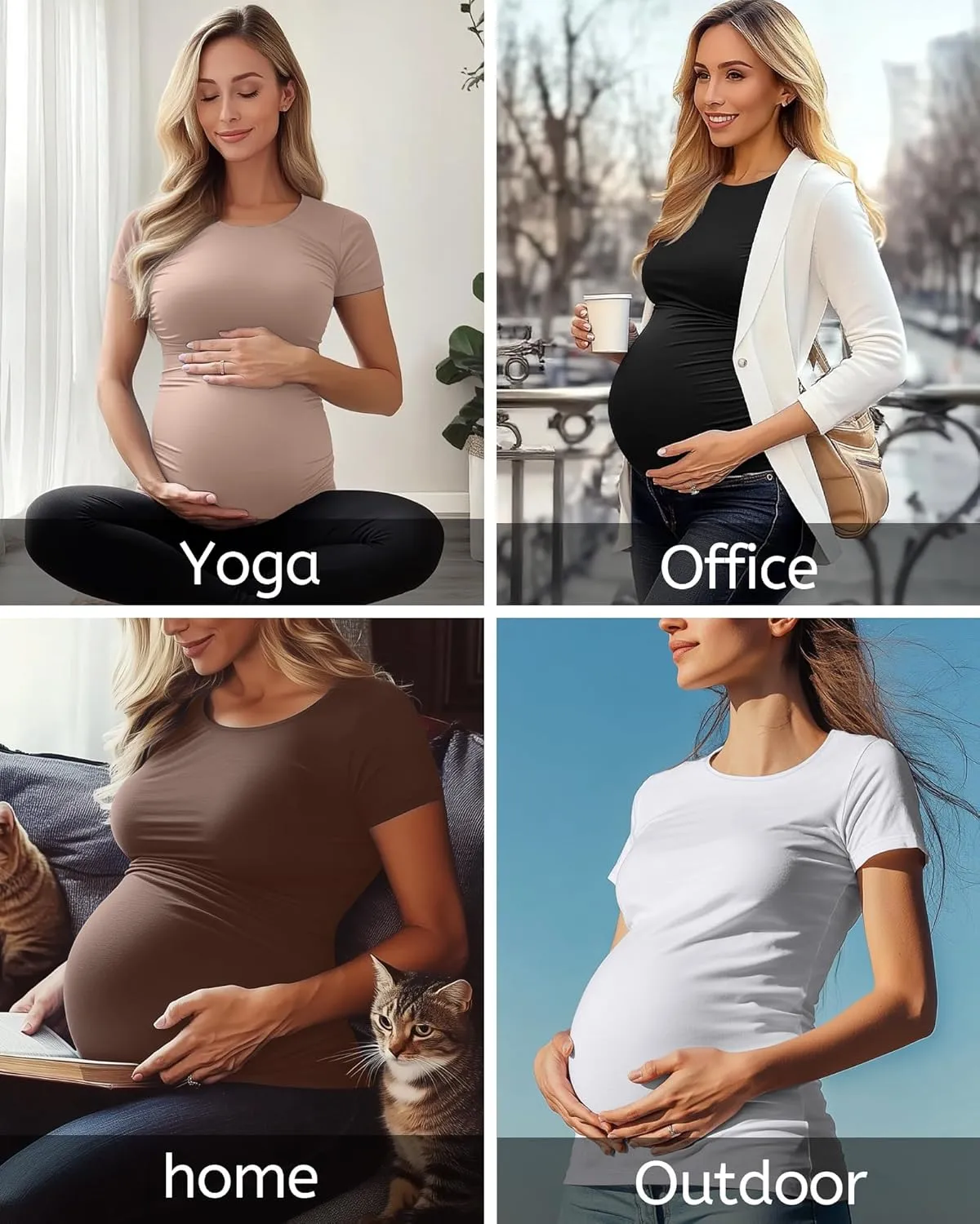 Huukeay 4 Pack Women's Maternity Shirts, Crew Neck Maternity Top Short Sleeve Casual Cotton Tee Side Ruched Pregnancy Clothes