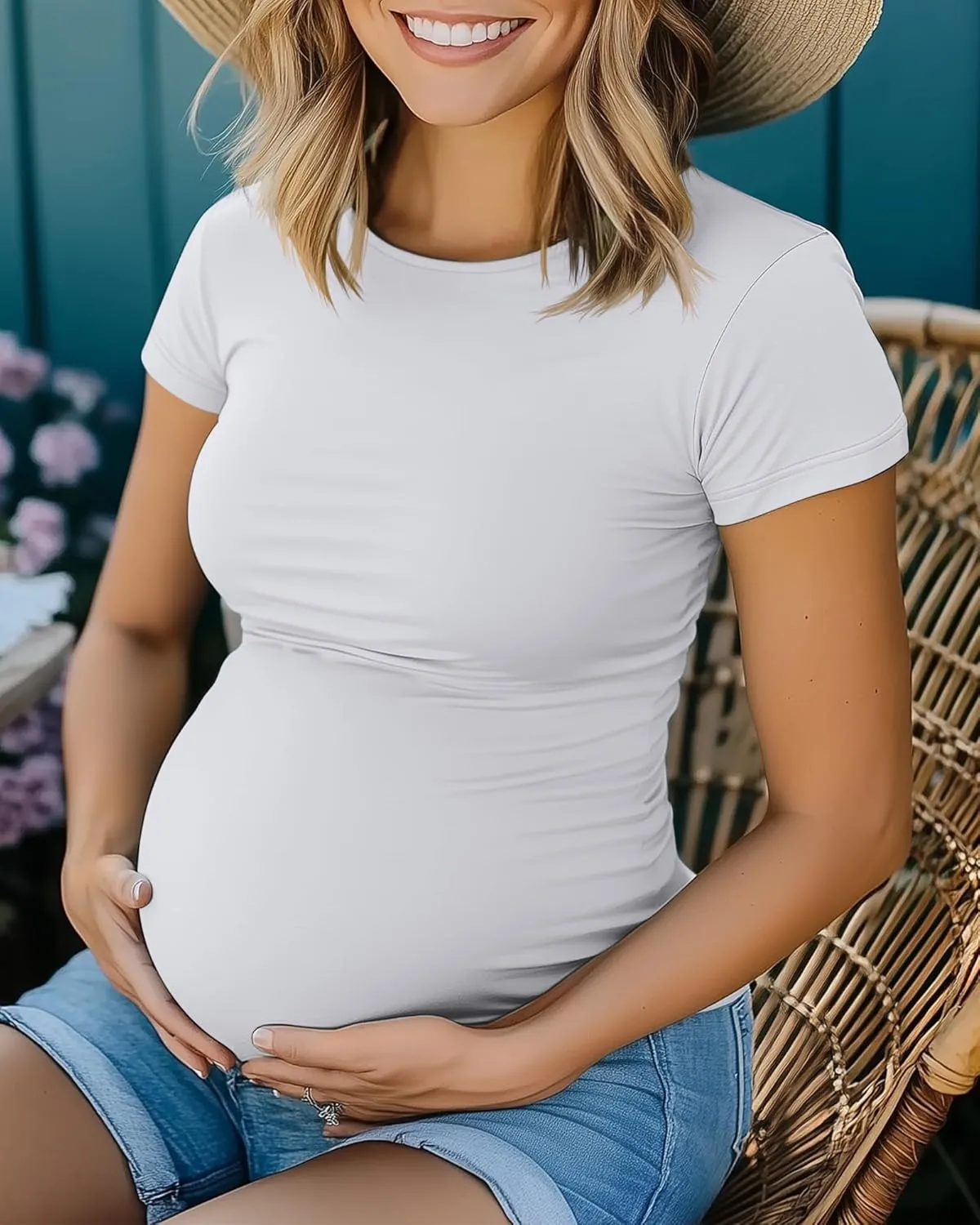 Huukeay 4 Pack Women's Maternity Shirts, Crew Neck Maternity Top Short Sleeve Casual Cotton Tee Side Ruched Pregnancy Clothes
