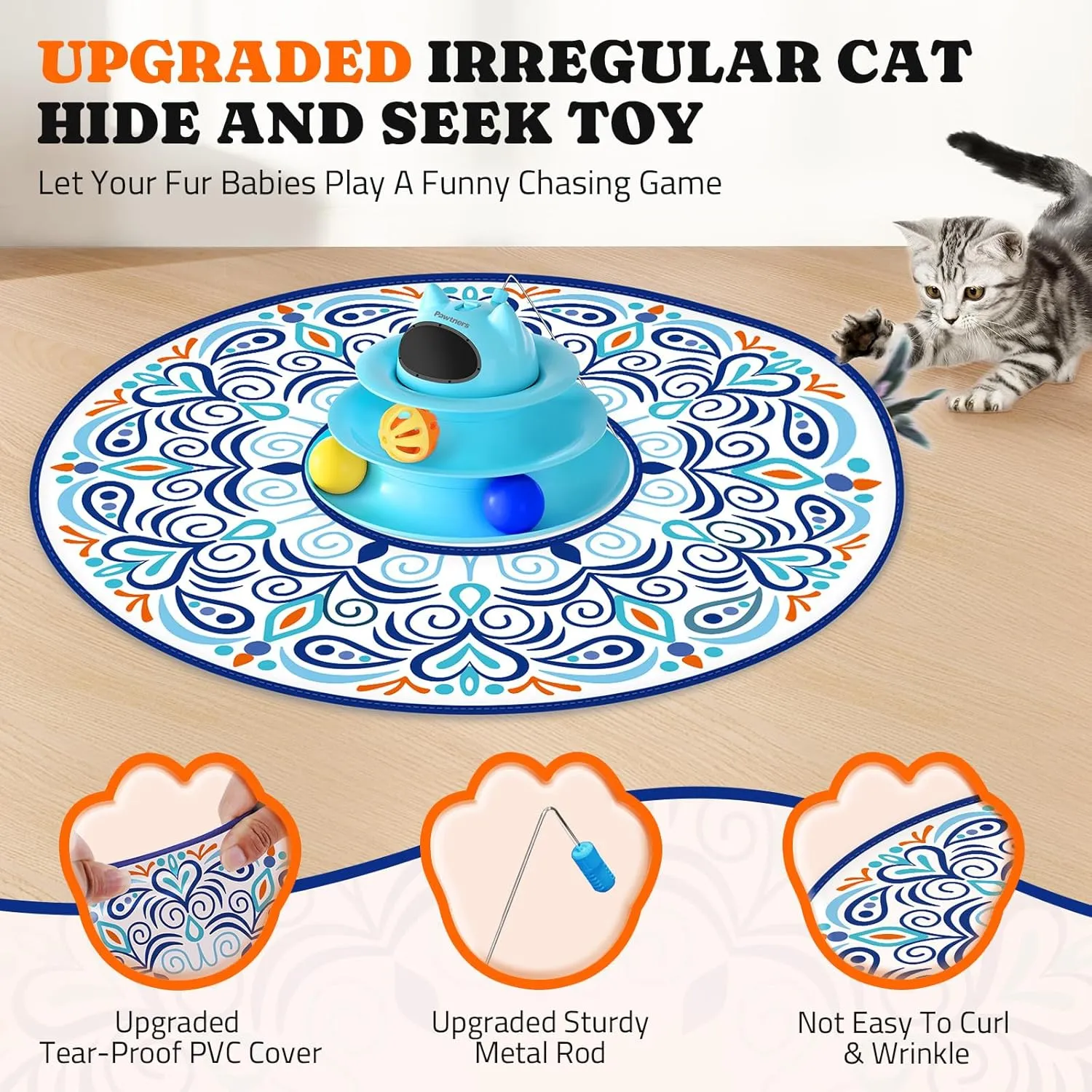 Interactive Cat Toy: 5 in 1 Automatic Cat Toy for Indoor Cats, USB Rechargeable Hide and Seek Toy with PVC Cover, Rotating Feather toys, Battery Operated Kitten Laser Toy with Feather Accessories Blue