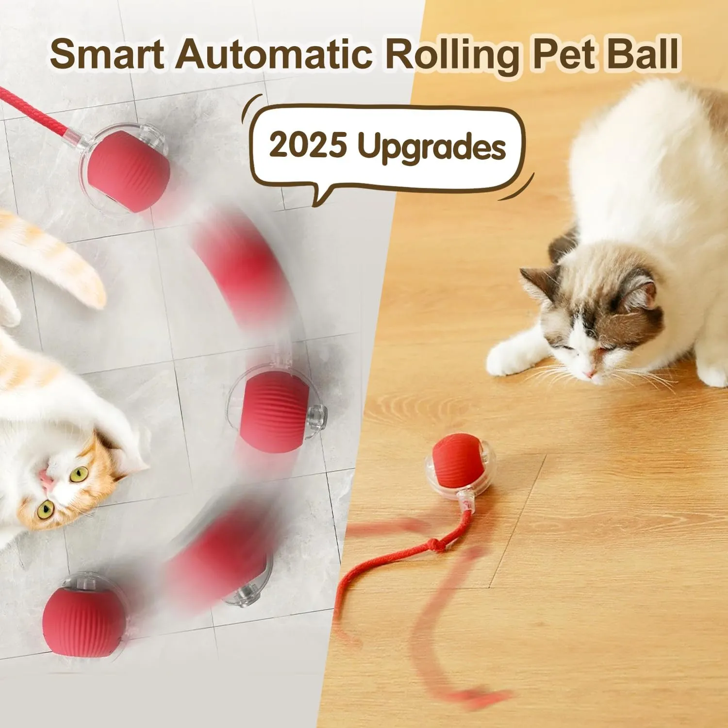 Interactive Rolling Cat Dog Ball Toy, 2025 New Automatic Interactive Cat Toys Dog Ball Toy Self Moving Cat Toys, 360 Smart Automatic Rechargeable Ball Toy Electric Dog Balls for Dog/Cat (Red)