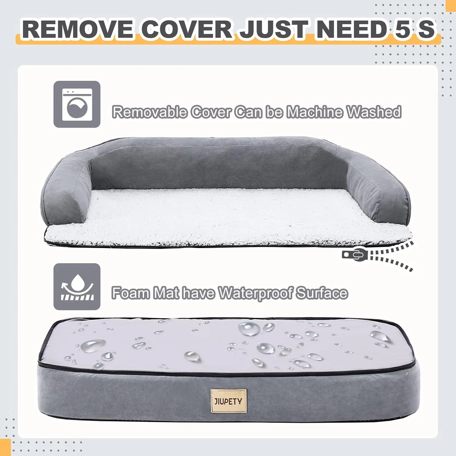 Jiupety Orthopedic Dog Bed for Medium Dogs, Egg-Crate Foam Pet Couch Bed, Washable Pet Sofa with Removable Cover, Waterproof Lining and Anti-Slip Bottom, Grey, 26"x20"x6.5"