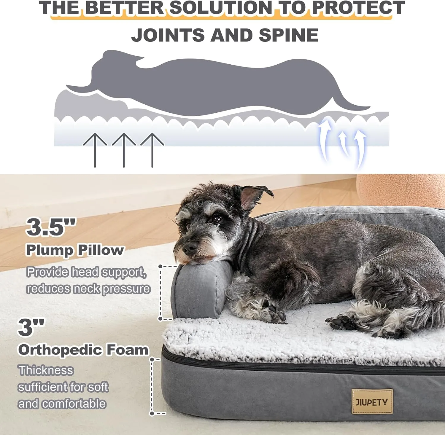 Jiupety Orthopedic Dog Bed for Medium Dogs, Egg-Crate Foam Pet Couch Bed, Washable Pet Sofa with Removable Cover, Waterproof Lining and Anti-Slip Bottom, Grey, 26"x20"x6.5"