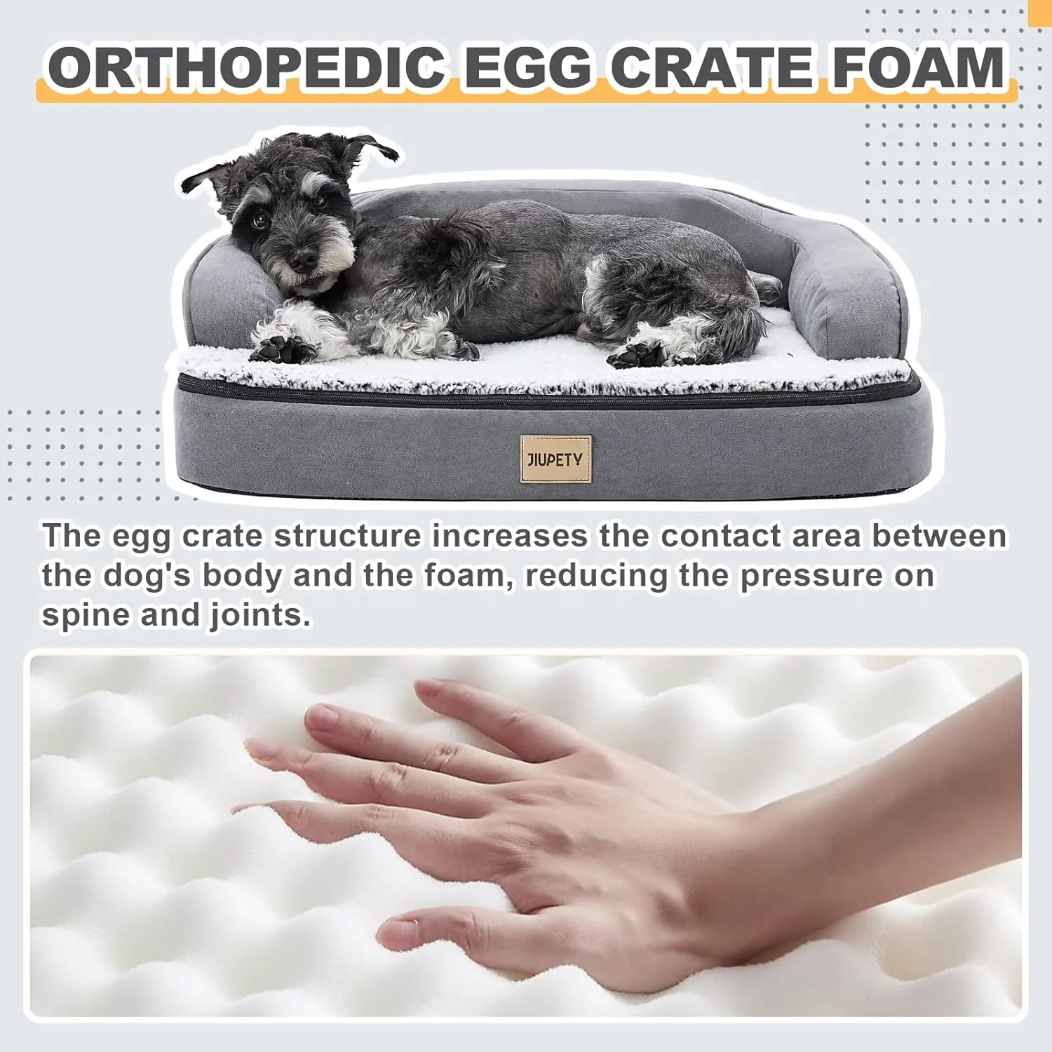 Jiupety Orthopedic Dog Bed for Medium Dogs, Egg-Crate Foam Pet Couch Bed, Washable Pet Sofa with Removable Cover, Waterproof Lining and Anti-Slip Bottom, Grey, 26"x20"x6.5"