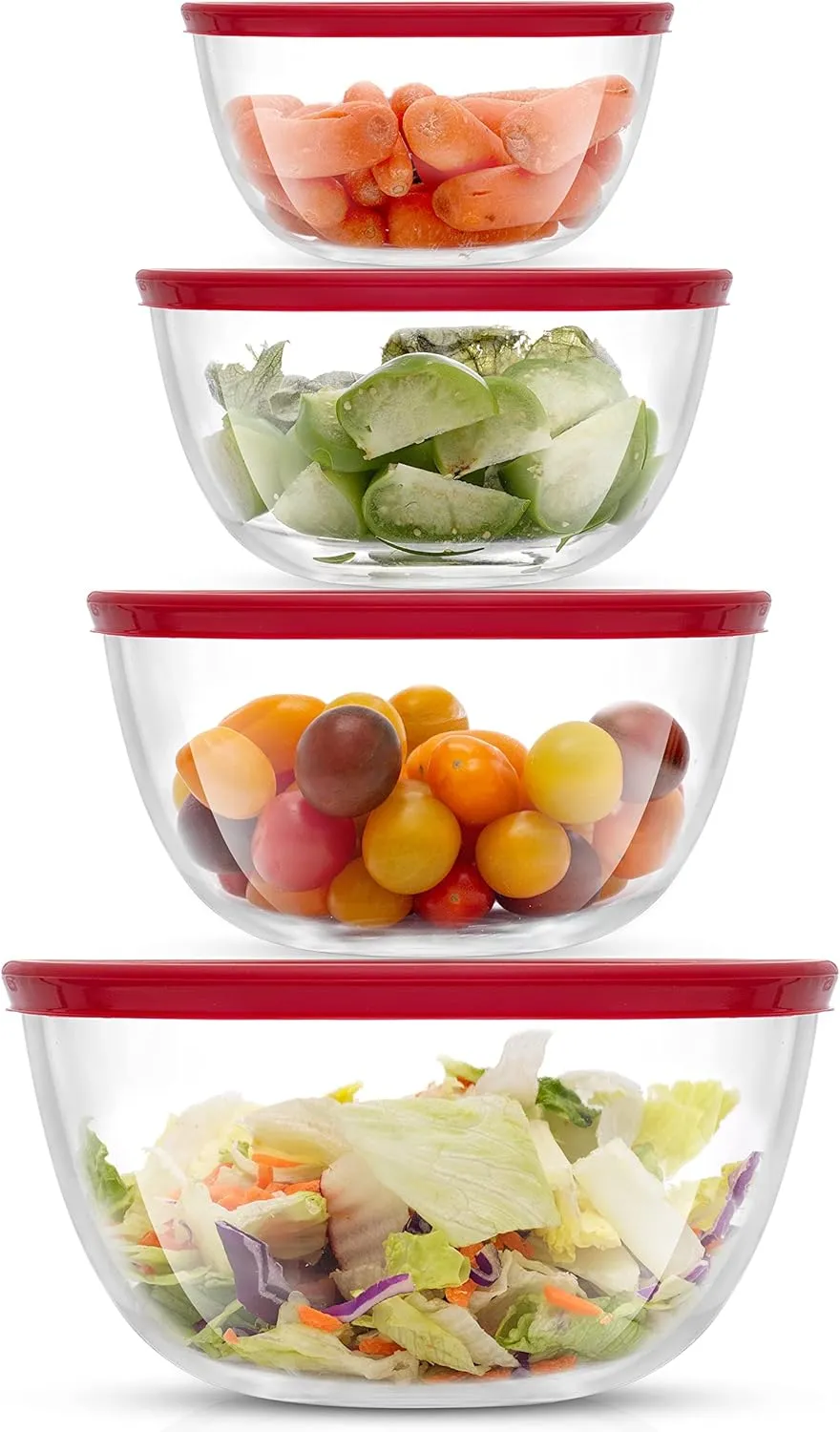 JoyJolt Kitchen Mixing Bowls - 8pc Glass with Lids Set  Neat Nesting Large Bowl Batter Cooking Storage and Big Salad BPA-Free Red