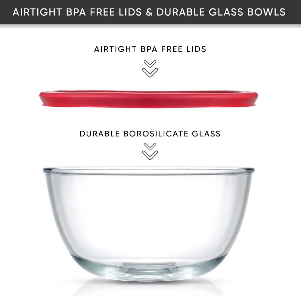 JoyJolt Kitchen Mixing Bowls - 8pc Glass with Lids Set  Neat Nesting Large Bowl Batter Cooking Storage and Big Salad BPA-Free Red