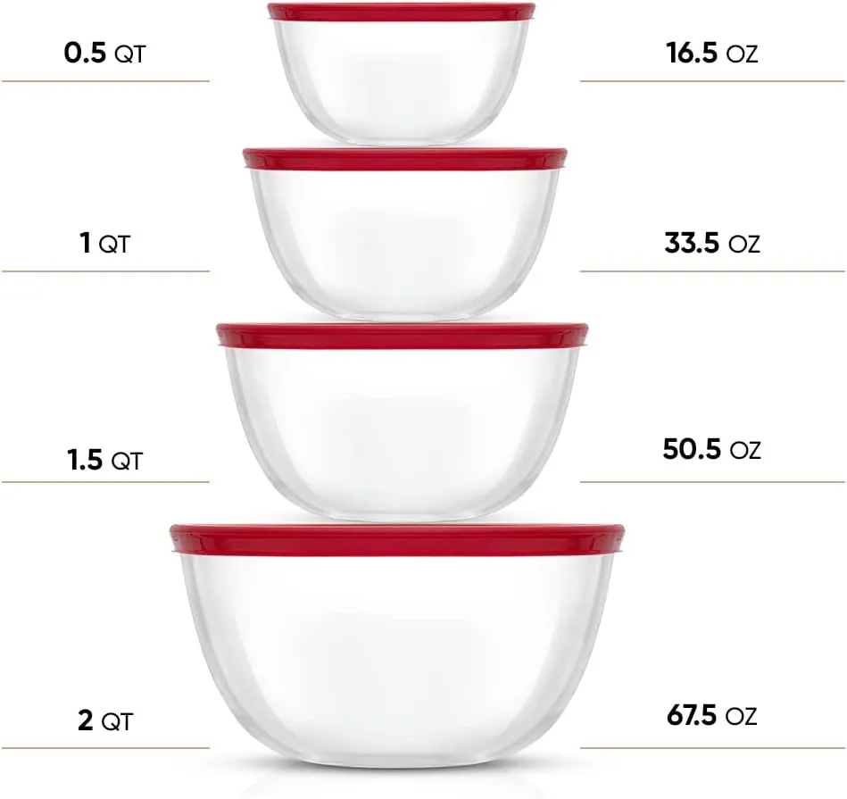JoyJolt Kitchen Mixing Bowls - 8pc Glass with Lids Set  Neat Nesting Large Bowl Batter Cooking Storage and Big Salad BPA-Free Red